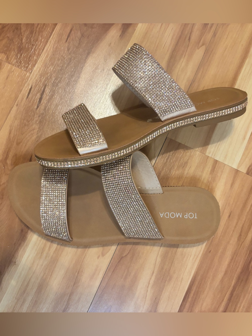 TOP Moda Tan Double-Strap Slide Sandals with Rhinestone Accents - NEW Size 7 1/2